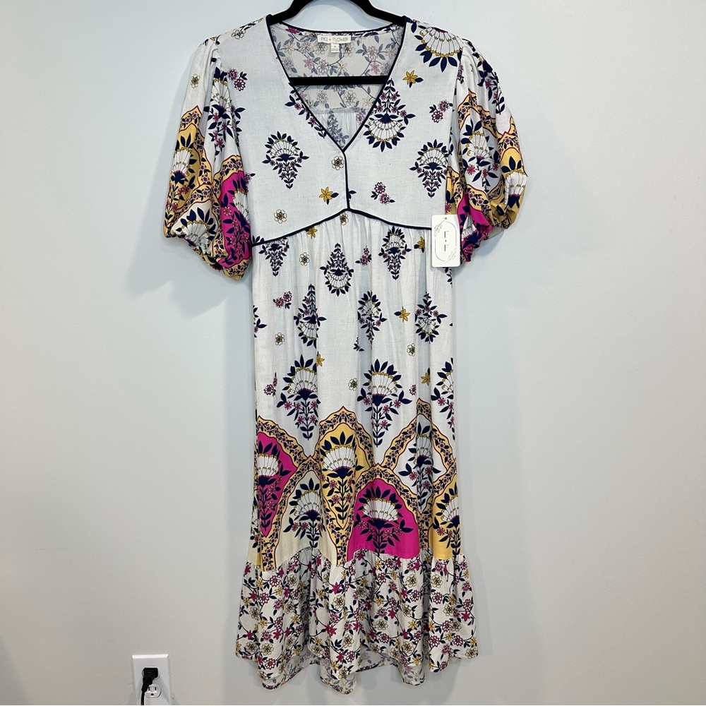 Fig + Flower Pippa Ivory Floral Puff Sleeve Belt Linen Blend Midi Dress Sz S NWT